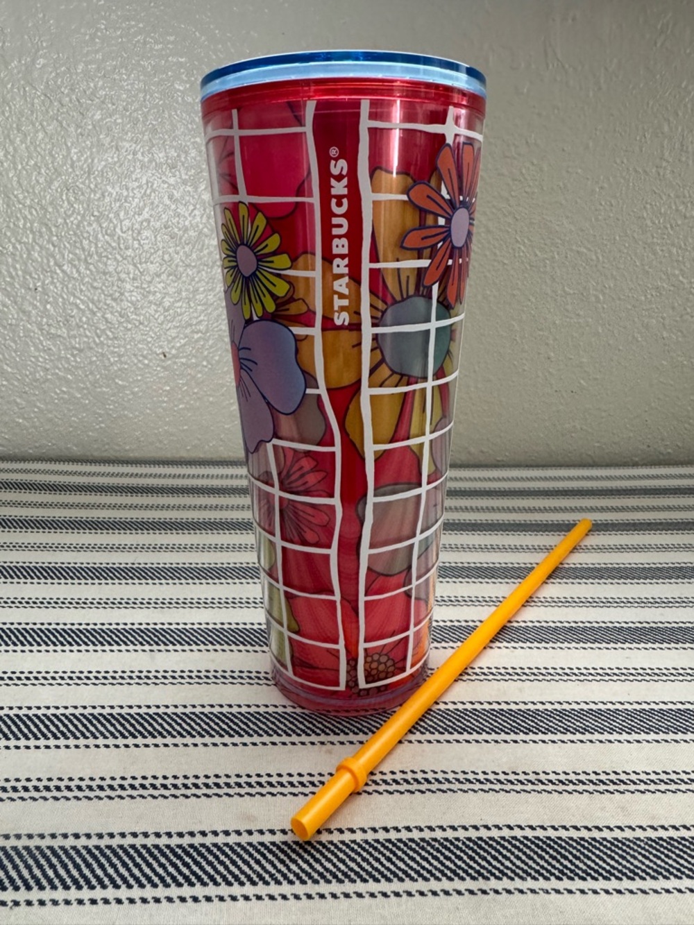 Starbucks Red Floral Grid Tumbler with Blue Rim